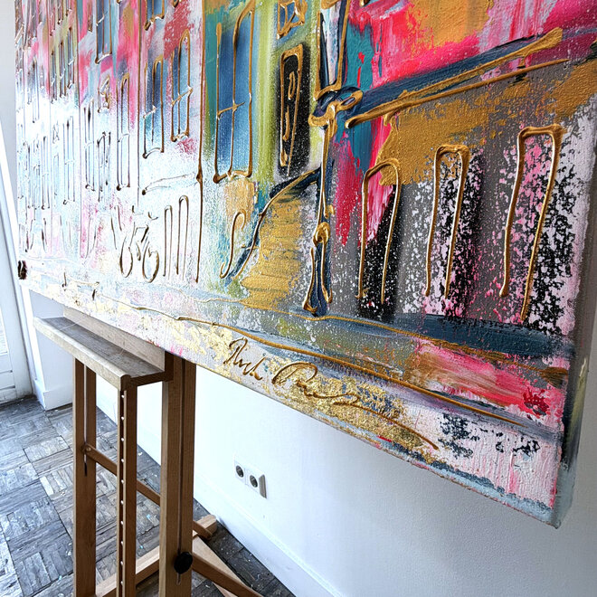 Schilderij- 100x150x4,5 cm - Rick Triest - Amsterdam Canalhouses - Gold - BOHO -4