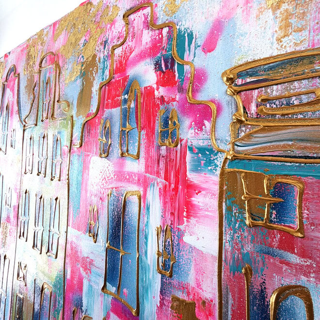 Painting- 100x150x4,5 cm - Rick Triest - Amsterdam Canalhouses - Gold - BOHO -4