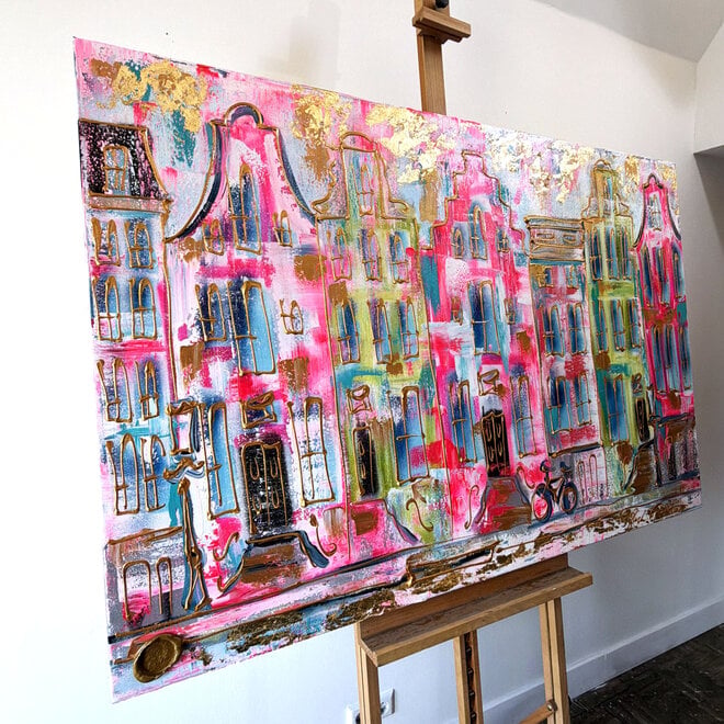 Painting- 100x150x4,5 cm - Rick Triest - Amsterdam Canalhouses - Gold - BOHO -4