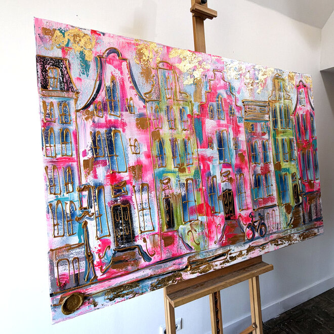 Schilderij- 100x150x4,5 cm - Rick Triest - Amsterdam Canalhouses - Gold - BOHO -4