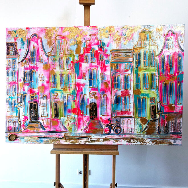 Painting- 100x150x4,5 cm - Rick Triest - Amsterdam Canalhouses - Gold - BOHO -4