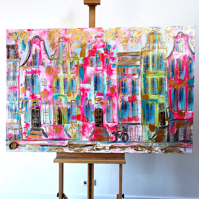 Schilderij- 100x150x4,5 cm - Rick Triest - Amsterdam Canalhouses - Gold - BOHO -4