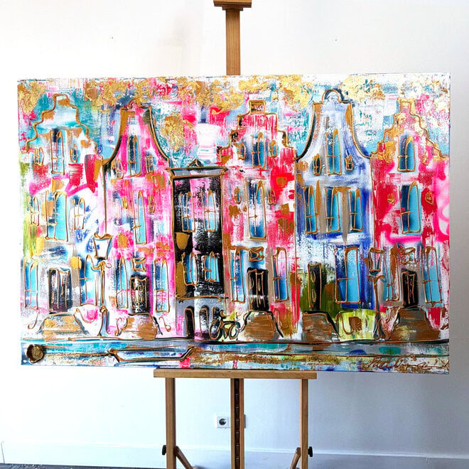 Painting- 100x150x4,5 cm - Rick Triest - Amsterdam Canalhouses - Gold - BOHO -5