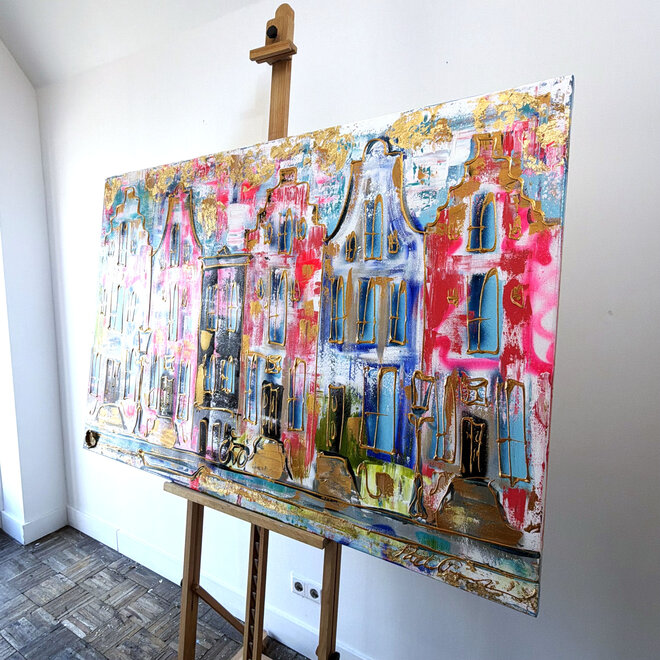 Schilderij- 100x150x4,5 cm - Rick Triest - Amsterdam Canalhouses - Gold - BOHO -5