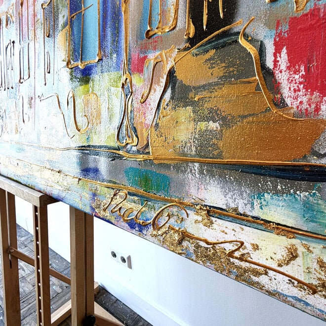 Painting- 100x150x4,5 cm - Rick Triest - Amsterdam Canalhouses - Gold - BOHO -5