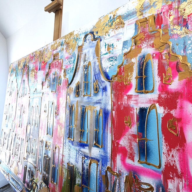 Painting- 100x150x4,5 cm - Rick Triest - Amsterdam Canalhouses - Gold - BOHO -5