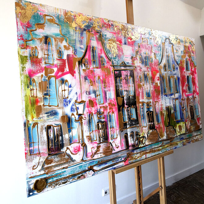 Schilderij- 100x150x4,5 cm - Rick Triest - Amsterdam Canalhouses - Gold - BOHO -5