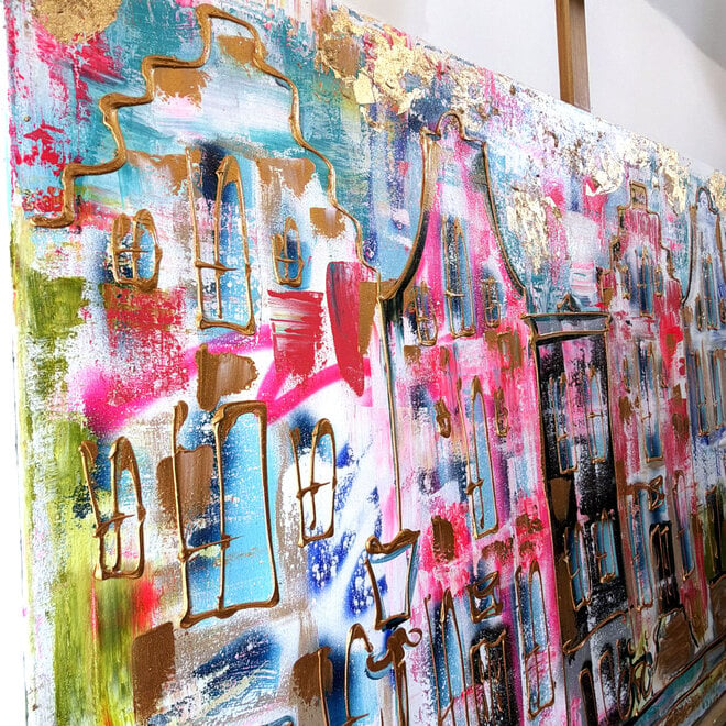 Painting- 100x150x4,5 cm - Rick Triest - Amsterdam Canalhouses - Gold - BOHO -5