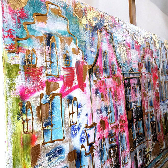 Schilderij- 100x150x4,5 cm - Rick Triest - Amsterdam Canalhouses - Gold - BOHO -5
