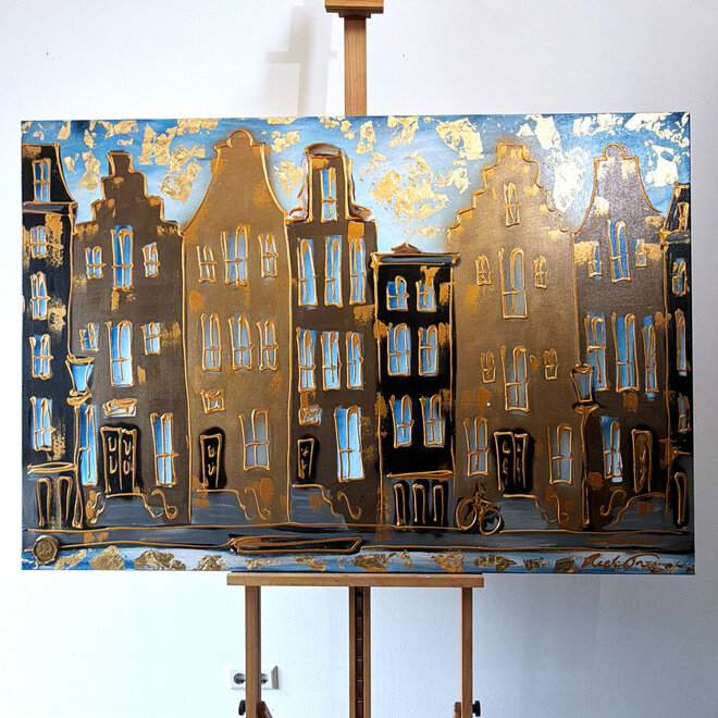 Schilderij- 100x150cm - Amsterdam Herengracht -Sky Blue and Gold #3