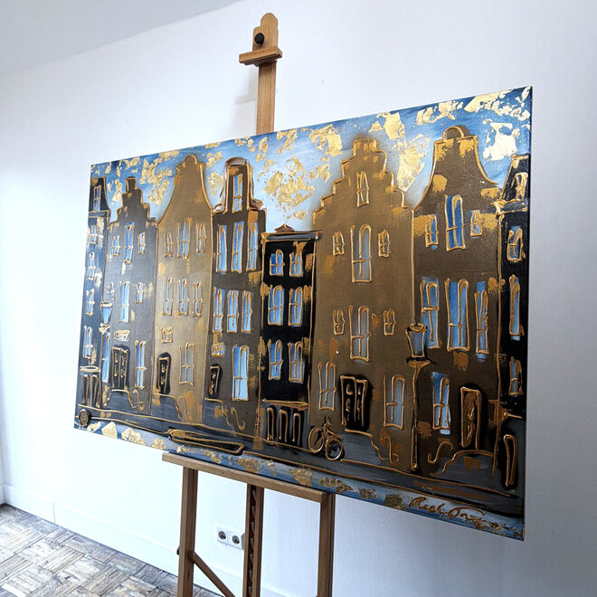 Schilderij- 100x150cm - Rick Triest - Amsterdam Herengracht -Sky Blue and Gold #3