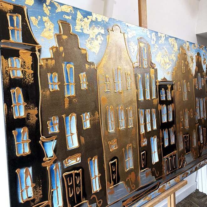 Schilderij- 100x150cm - Rick Triest - Amsterdam Herengracht -Sky Blue and Gold #3
