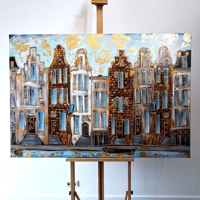 Schilderij- 100x150cm - Amsterdam Herengracht -Sky Blue and Gold #4