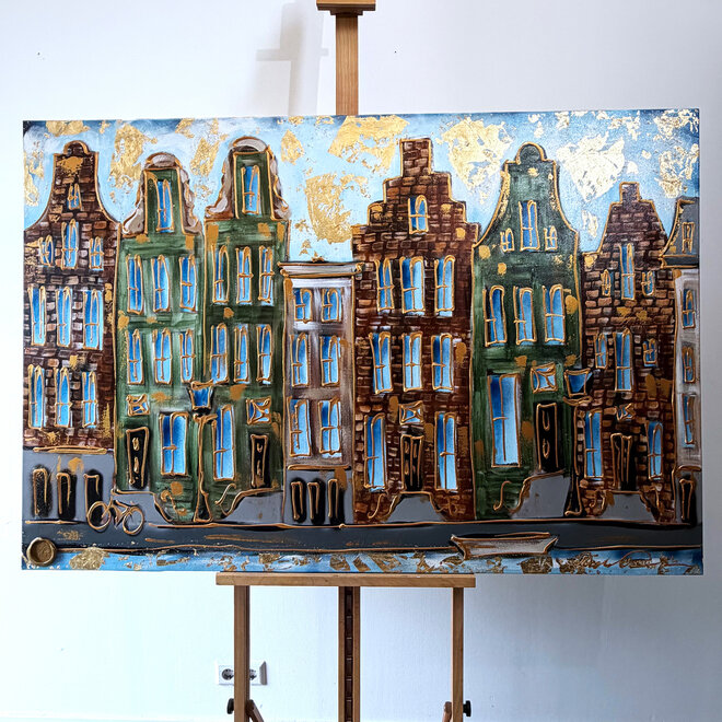 Schilderij- 100x150cm - Rick Triest - Amsterdam Herengracht -Sky Blue and Gold #6