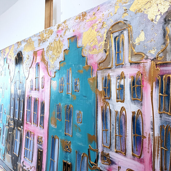 Schilderij- 100x150cm - Rick Triest - Amsterdam Herengracht -Sky Blue and Gold #7