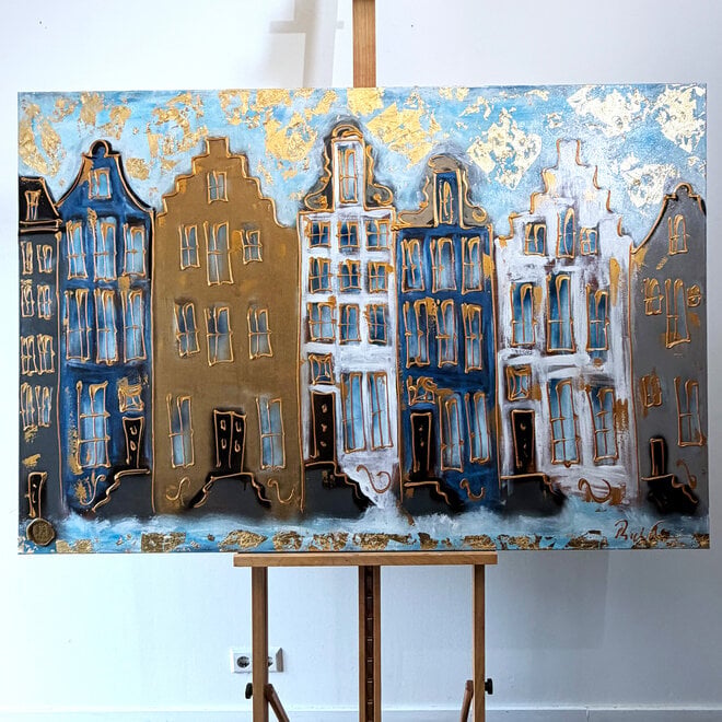 Schilderij- 100x150cm - Amsterdam Herengracht -Sky Blue and Gold #7 - Copy