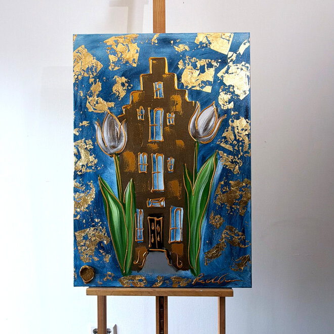 Schilderij -70x100 cm - Tulpenmanie - Amsterdams huisje met tulpen - Bronze