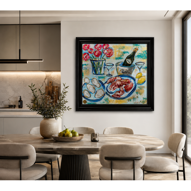 Schilderij- 100x100x2,5 cm - Rick Triest --Celebration collection - Oysters & Bubbles