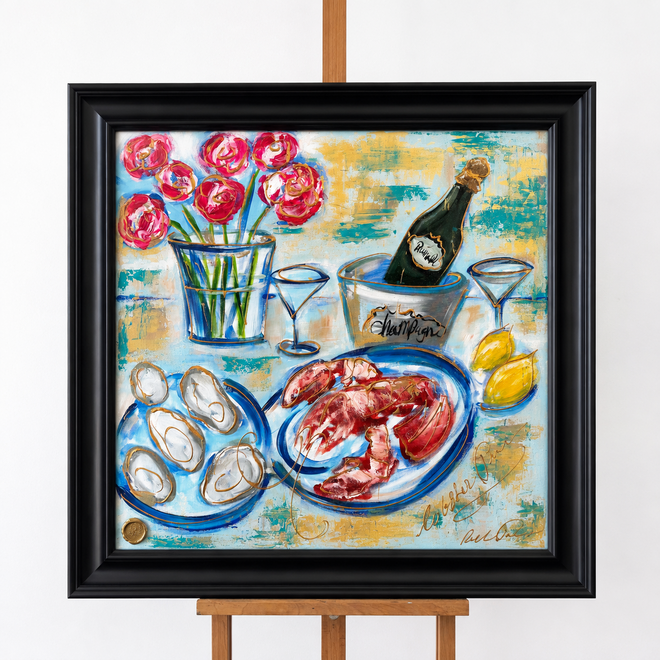 Schilderij- 100x100x2,5 cm - Rick Triest --Celebration collection - Oysters & Bubbles
