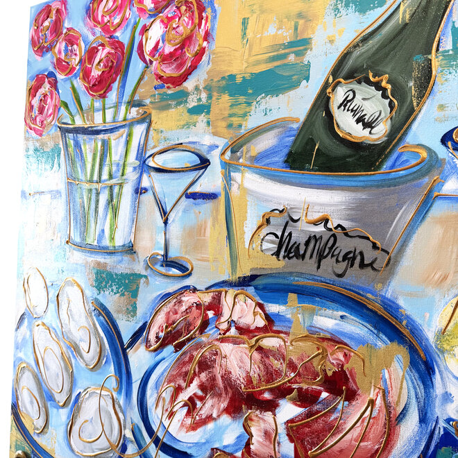 Schilderij- 100x100x2,5 cm - Rick Triest --Celebration collection - Oysters & Bubbles