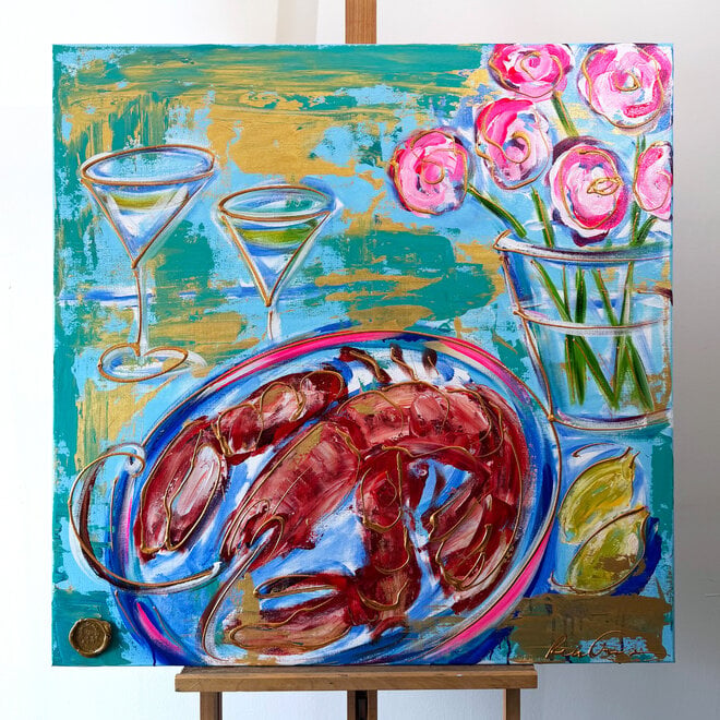 Schilderij- 100x100x2,5 cm - Celebration collection - Lobster Night