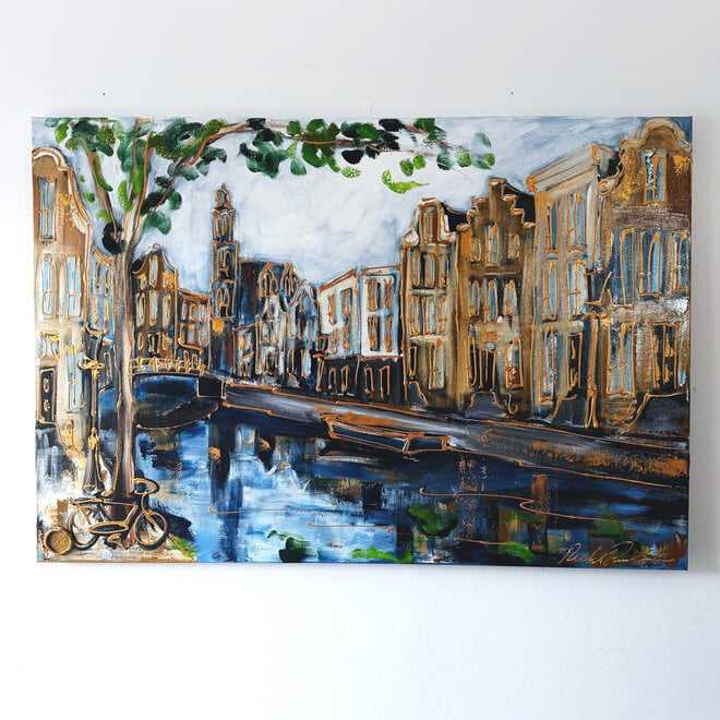 Painting - Rick Triest - 100x150 cm - Amsterdam Signature Gold Series - Prinsengracht - Blue & Gold # 1254- Westertoren -