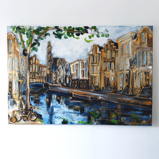 Schilderij- Rick Triest - 100x150 cm - Amsterdam Signature Gold Series - Prinsengracht - Blue & Gold # 1254- Westertoren -