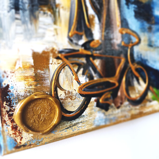 Schilderij- Rick Triest - 100x150 cm - Amsterdam Signature Gold Series - Prinsengracht - Blue & Gold # 1254- Westertoren -
