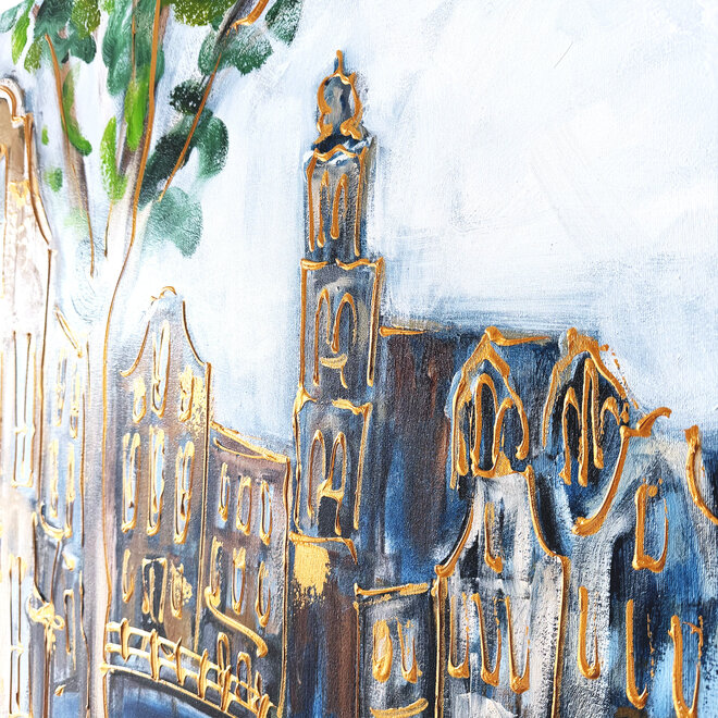 Schilderij- Rick Triest - 100x150 cm - Amsterdam Signature Gold Series - Prinsengracht - Blue & Gold # 1254- Westertoren -