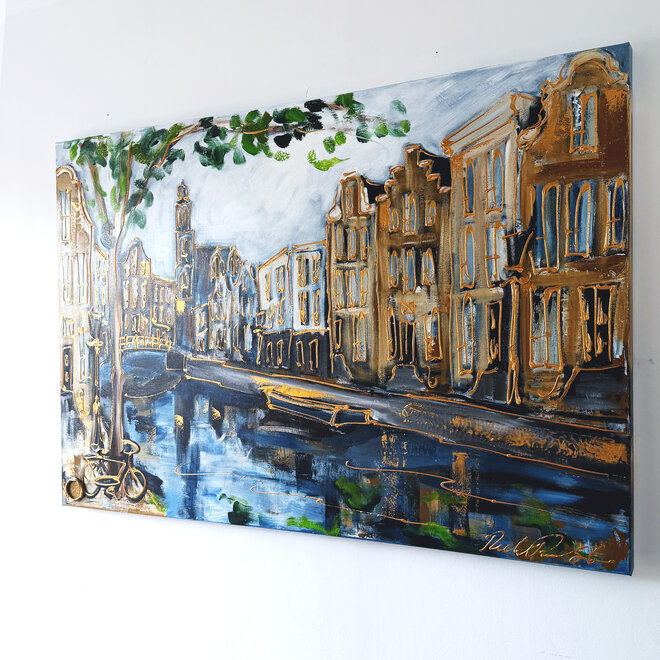 Schilderij- Rick Triest - 100x150 cm - Amsterdam Signature Gold Series - Prinsengracht - Blue & Gold # 1254- Westertoren -