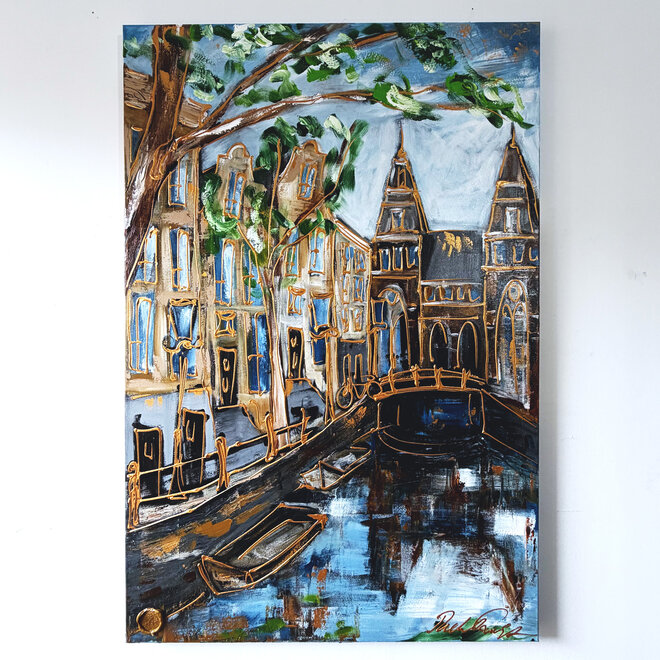 Schilderij- Rick Triest - 100x150 cm - Amsterdam Signature Gold Series - Prinsengracht - Blue & Gold # 1255- Rijksmuseum