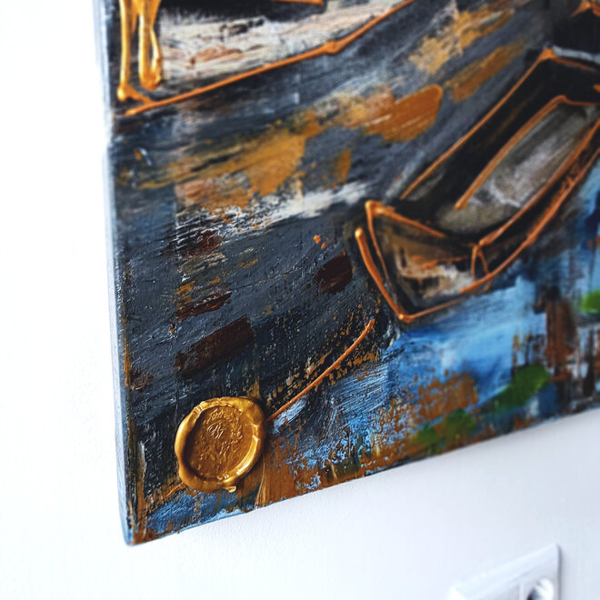 Schilderij- Rick Triest - 100x150 cm - Amsterdam Signature Gold Series - Prinsengracht - Blue & Gold # 1255- Rijksmuseum