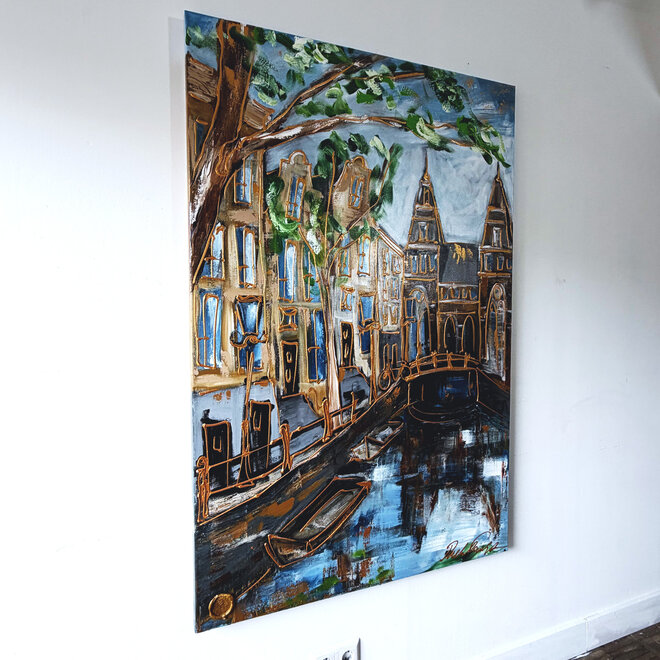 Painting - Rick Triest - 100x150 cm - Amsterdam Signature Gold Series - Prinsengracht - Blue & Gold # 1255- Rijksmuseum