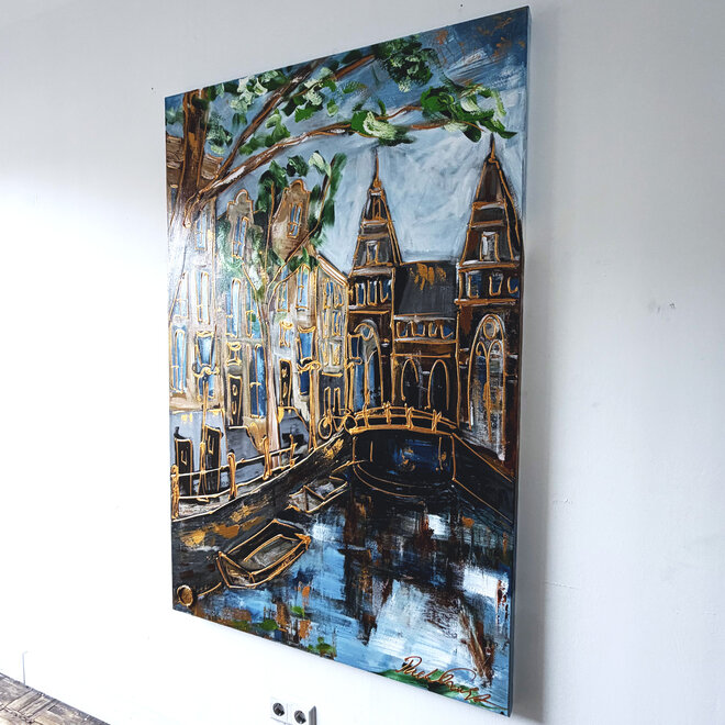 Painting - Rick Triest - 100x150 cm - Amsterdam Signature Gold Series - Prinsengracht - Blue & Gold # 1255- Rijksmuseum