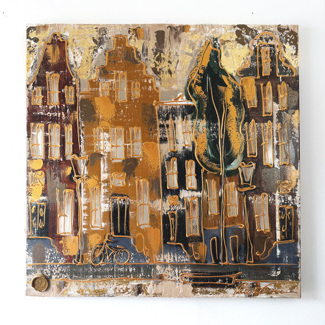 Painting-  100x100cm - Rick Triest - Amsterdam LUXURY style -  grachten gevels in omber & Gold #234