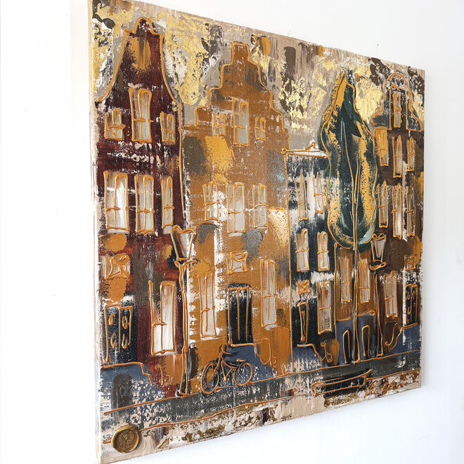 Painting-  100x100cm - Rick Triest - Amsterdam LUXURY style -  grachten gevels in omber & Gold #234