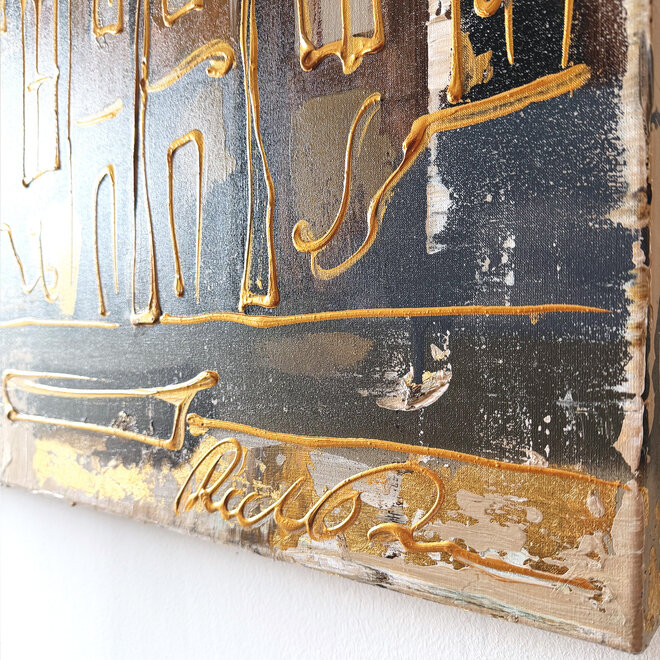 Schilderij- 100x100cm - Rick Triest - Amsterdam LUXURY style -  grachten gevels in omber & Gold #234