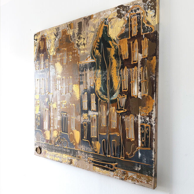 Schilderij- 100x100cm - Rick Triest - Amsterdam LUXURY style -  grachten gevels in omber & Gold #234