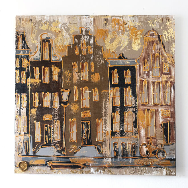 Painting- 100x100cm - Rick Triest - Amsterdam LUXURY style - grachten gevels in omber & Gold #235