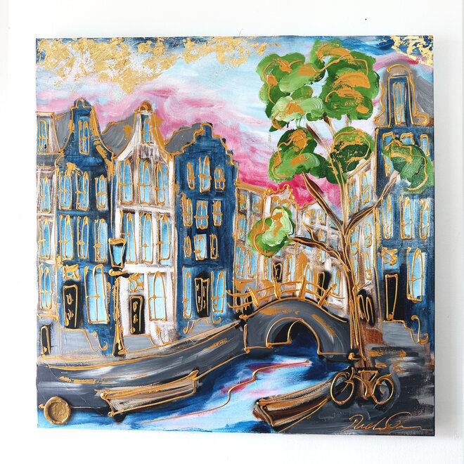 Painting-  100x100cm - Rick Triest - Amsterdam signature gold series - Prinsengracht
