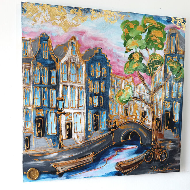 Painting-  100x100cm - Rick Triest - Amsterdam signature gold series - Prinsengracht
