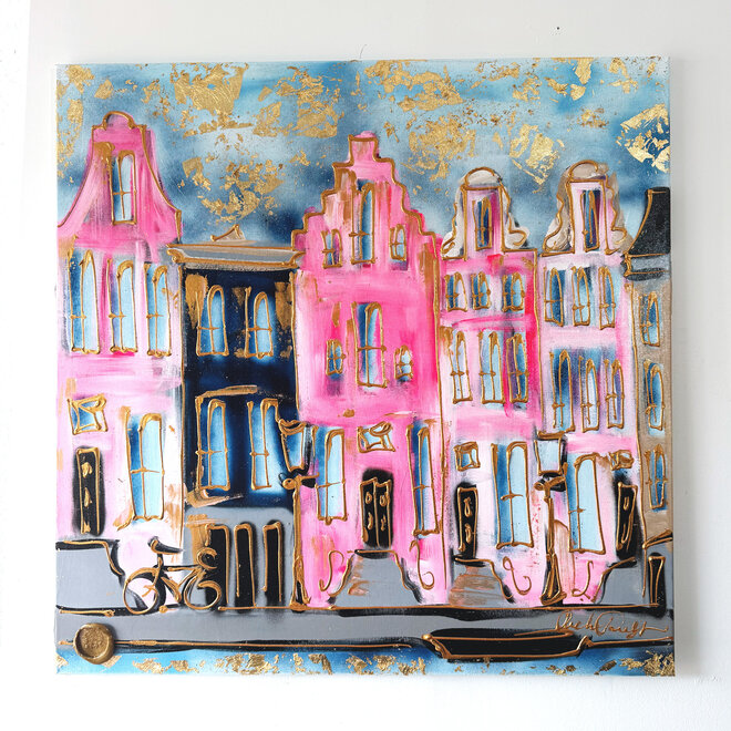 Schilderij- 100x100x2,5 - Rick Triest - Amsterdam signature gold series - Prinsengracht -Pink & Blue - 1