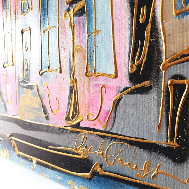 Painting- 100x100x2,5- Rick Triest - Amsterdam signature gold series - Prinsengracht -Pink & Blue - 1