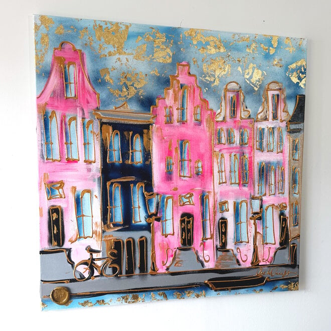 Painting- 100x100x2,5- Rick Triest - Amsterdam signature gold series - Prinsengracht -Pink & Blue - 1