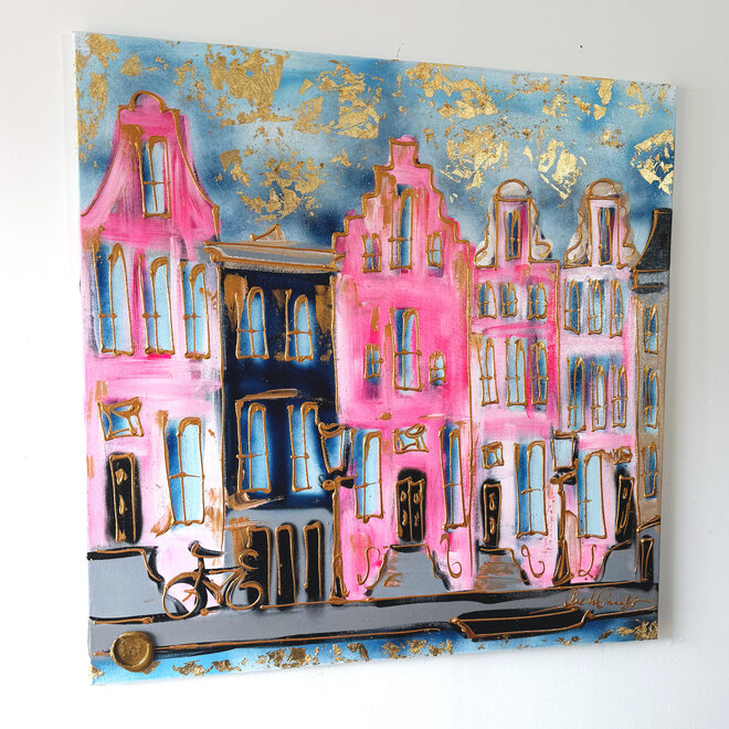 Schilderij- 100x100x2,5 - Rick Triest - Amsterdam signature gold series - Prinsengracht -Pink & Blue - 1