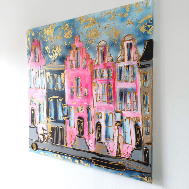 Schilderij- 100x100x2,5 - Rick Triest - Amsterdam signature gold series - Prinsengracht -Pink & Blue - 1
