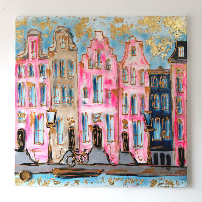 Painting- 100x100x2,5- Rick Triest - Amsterdam signature gold series - Prinsengracht -Pink & Blue - 2