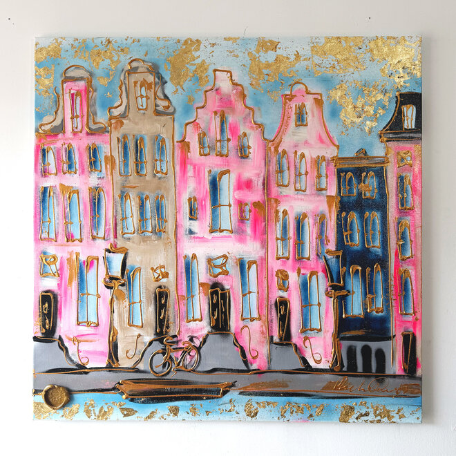 Schilderij- 100x100x2,5 - Rick Triest - Amsterdam signature gold series - Prinsengracht  -Pink &  Blue - 2