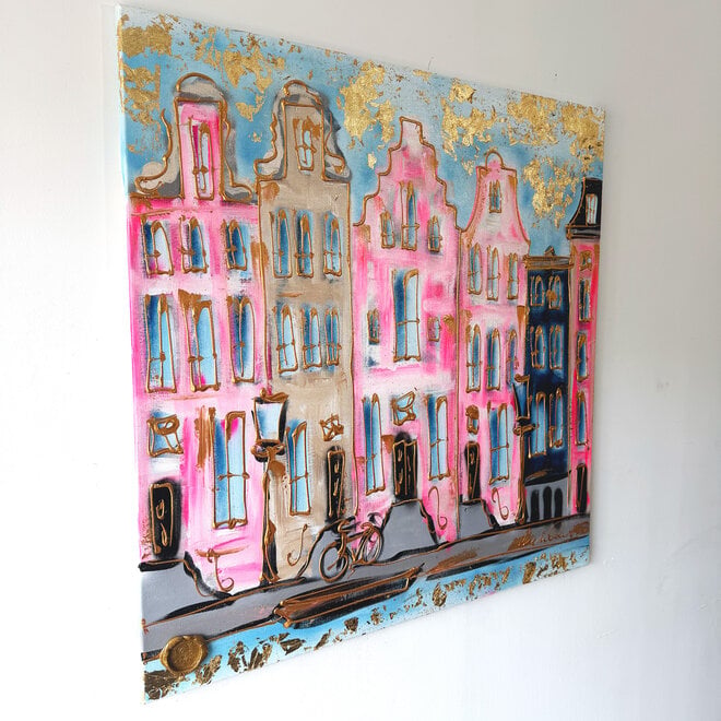 Painting- 100x100x2,5- Rick Triest - Amsterdam signature gold series - Prinsengracht -Pink & Blue - 2