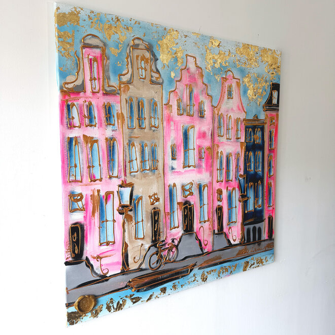 Schilderij- 100x100x2,5 - Rick Triest - Amsterdam signature gold series - Prinsengracht  -Pink &  Blue - 2